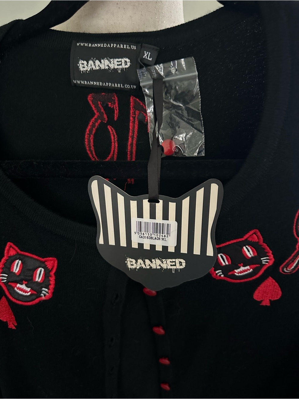 Black Cardigan Sweater with Unlucky 13 Red Cat Embroidery - Picture 3 of 5